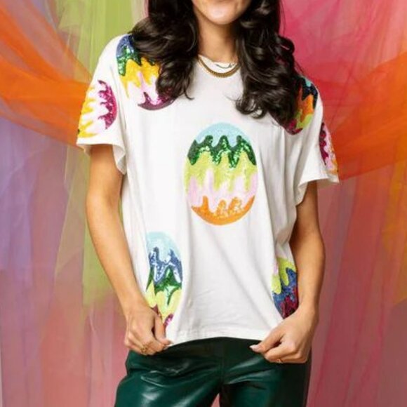 QUEEN OF SPARKLES Tops - QUEEN OF SPARKLES White Groovy Easter Egg Tee
